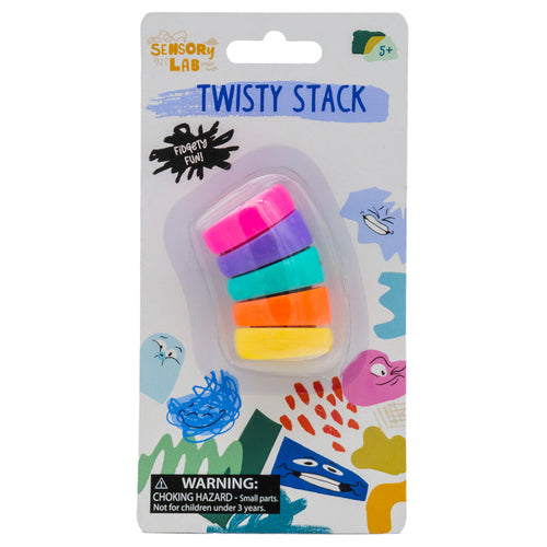 The Sensory Lab Twisty Stack by Sensory Lab includes five colorful stackable rings in pink, blue, green, orange, and yellow. Designed to inspire focus and creativity. Choking hazard— not for children under 3 years.