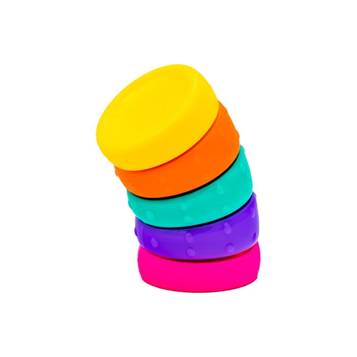 The Sensory Lab Twisty Stack by Sensory Lab features five vibrant, round silicone rings—yellow, orange, teal, purple, and pink—stacked at an angle. This sensory toy stimulates focus and creativity against a clean white background.