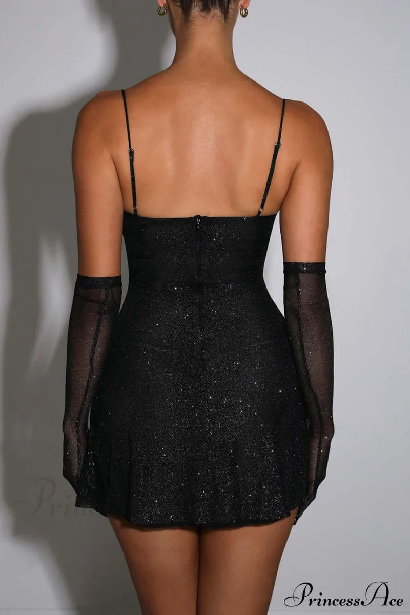 Sequined Black Stylish Slit Mini Dress Dresses