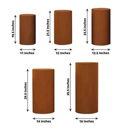 Set of five cylindrical decorative planters in varying heights and widths.