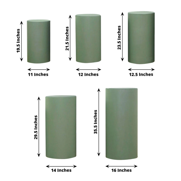 Green cylindrical pedestals in various sizes for display or decor purposes.