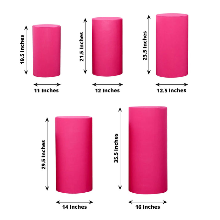 Pink cylindrical display stands in various heights and sizes for versatile use.