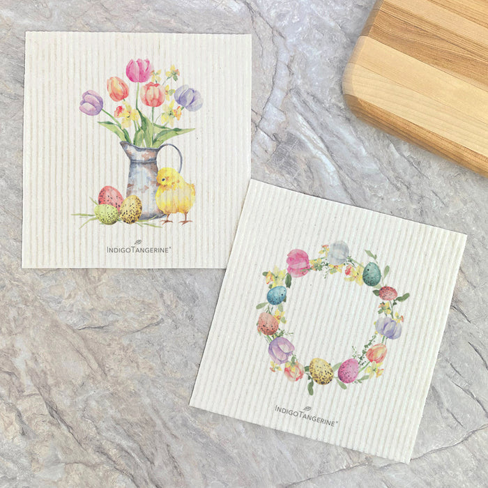 Set of Chicks and Tulip Wreath - Easter 2pk Swedish Dish Cloth