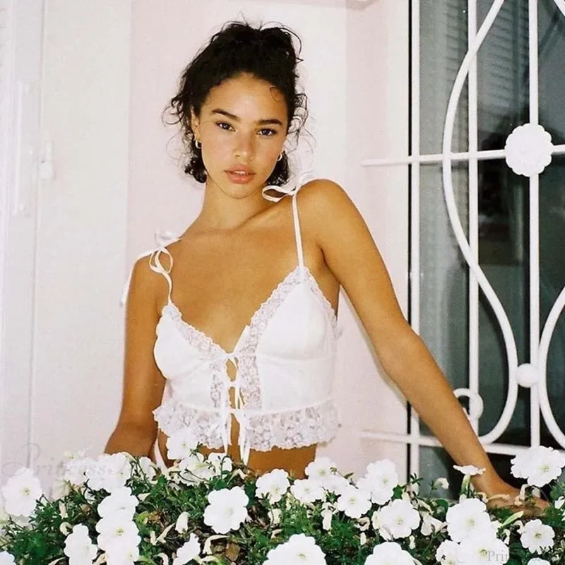 Sexy Deep V-neck Lace Ribbed White Crop Top croptop-250126