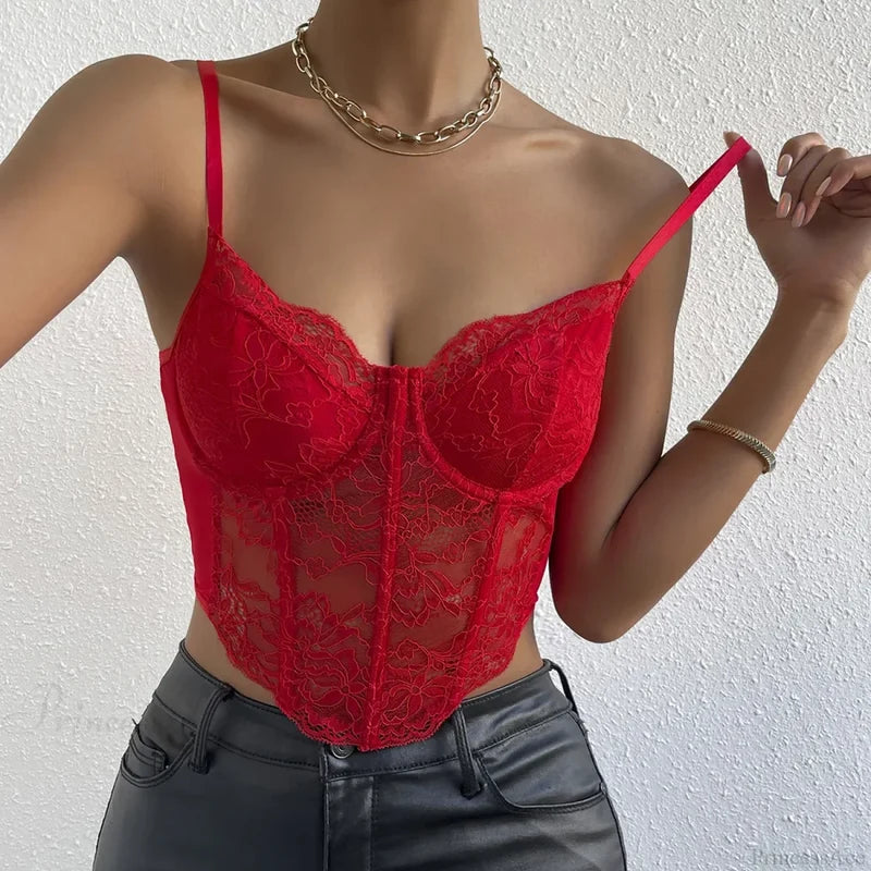 Sexy Lace Fishbone Backless Sheer Corset Crop Top Red / XS croptop-250126