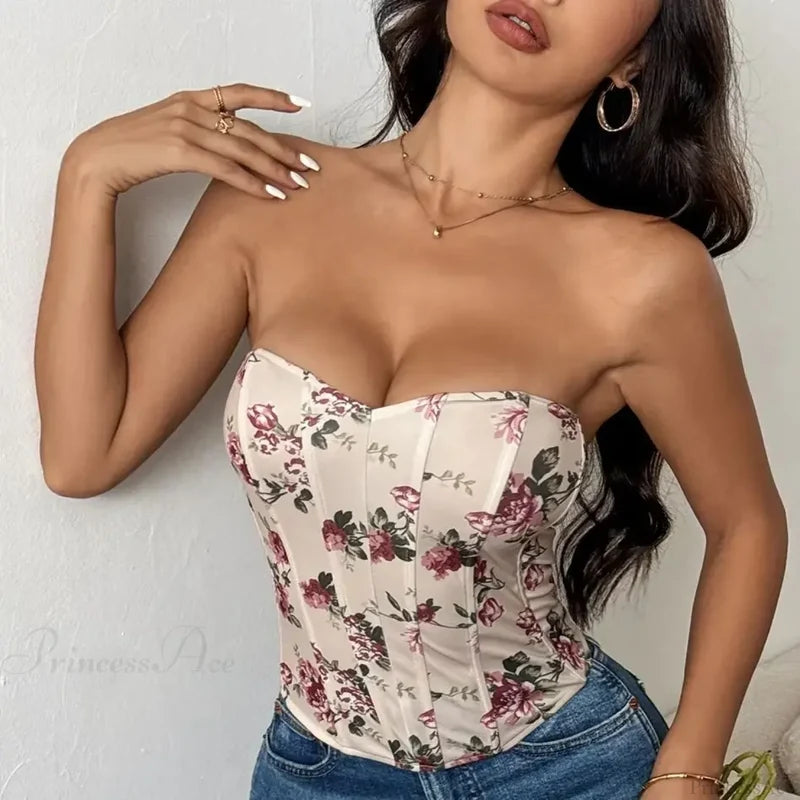 Sexy Lace Flower Pattern Corset Low-Cut Tank Top croptop-250126