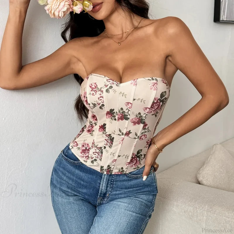 Sexy Lace Flower Pattern Corset Low-Cut Tank Top croptop-250126