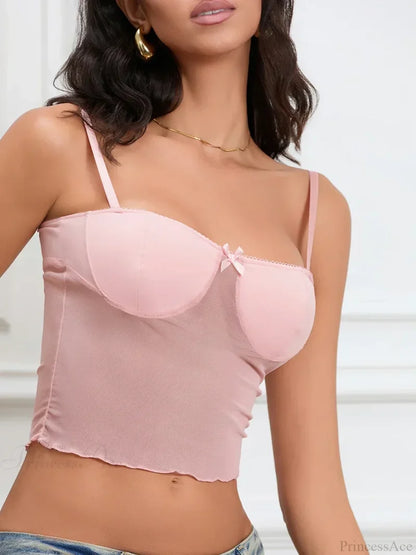 Sheer Camis Sweetheart Bow Spaghetti Strap Crop Top Pink / S croptop-250126