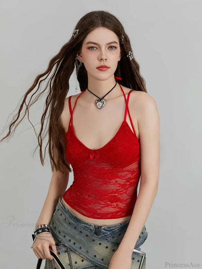 Sheer Lace Floral Halter Tie-up Nightclub Camisole Top croptop-250126