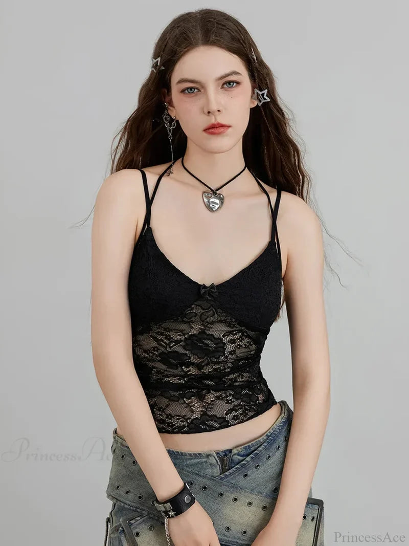 Sheer Lace Floral Halter Tie-up Nightclub Camisole Top croptop-250126