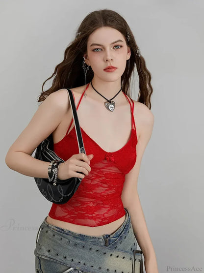 Sheer Lace Floral Halter Tie-up Nightclub Camisole Top croptop-250126