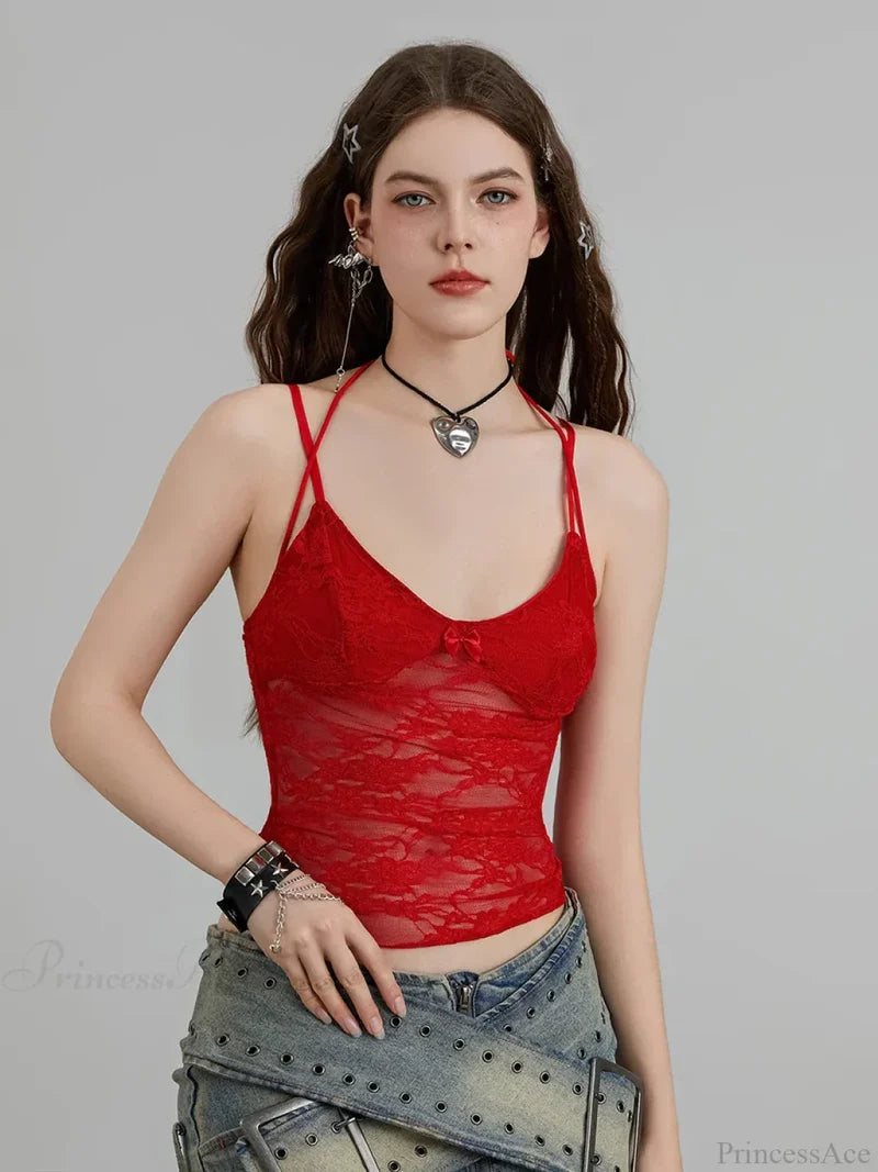 Sheer Lace Floral Halter Tie-up Nightclub Camisole Top Red / S croptop-250126