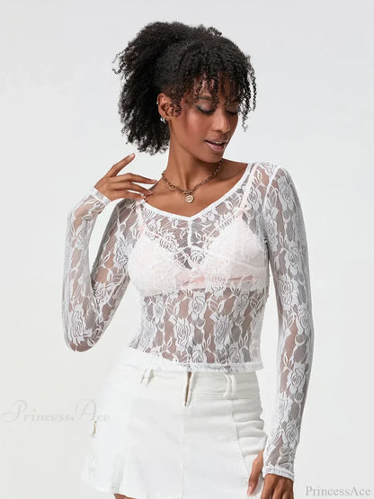 Sheer Lace Long Sleeve V-neck Mesh Crop T-shirt WHITE / S croptop-250126