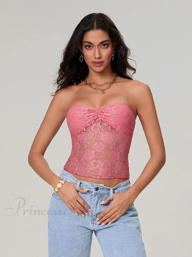 Sheer Lace Off-shoulder Strapless Low Cut Bandeau Top Pink / S croptop-250126