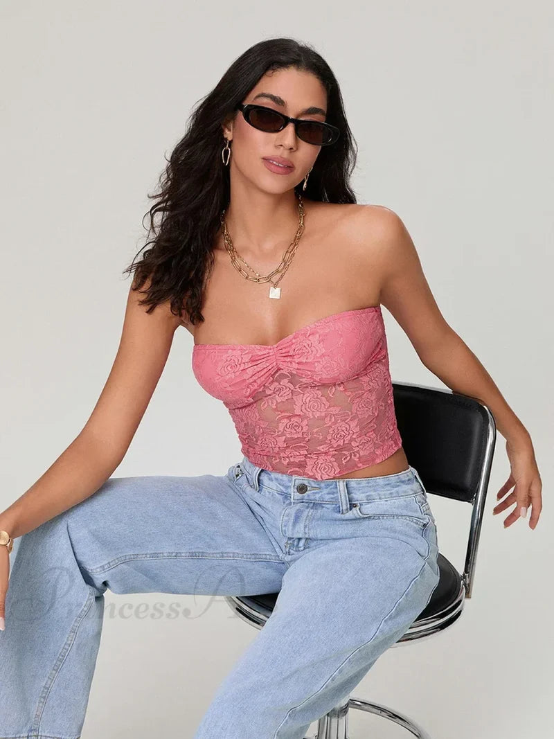 Sheer Lace Off-shoulder Strapless Low Cut Bandeau Top croptop-250126