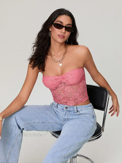 Sheer Lace Off-shoulder Strapless Low Cut Bandeau Top croptop-250126