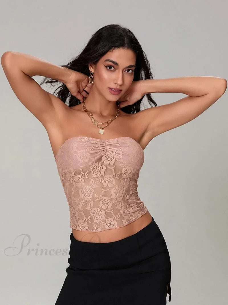 Sheer Lace Off-shoulder Strapless Low Cut Bandeau Top Orange / S croptop-250126