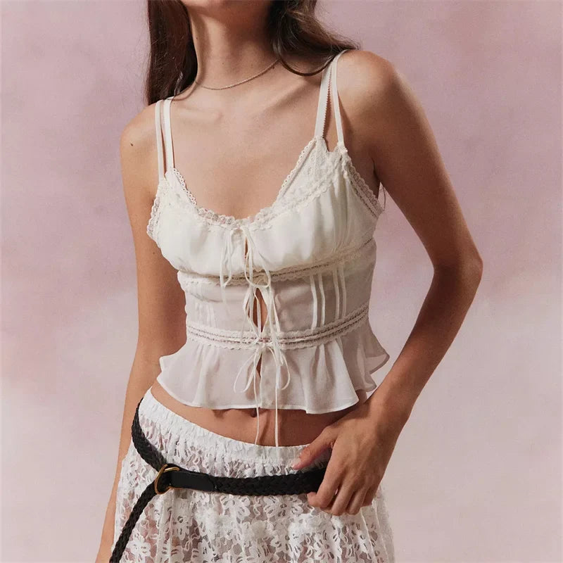 Sheer Lace-Up Spaghetti Crop Top