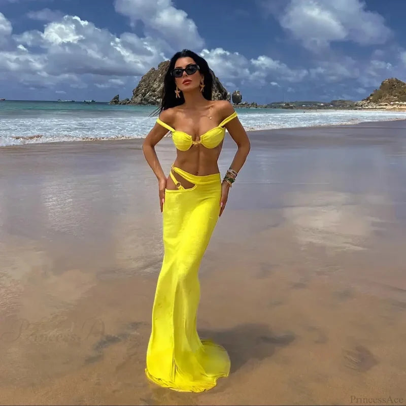 Shiny Bandeau Bikini with Cover Up Three Piece Swimsuit yellow / S
