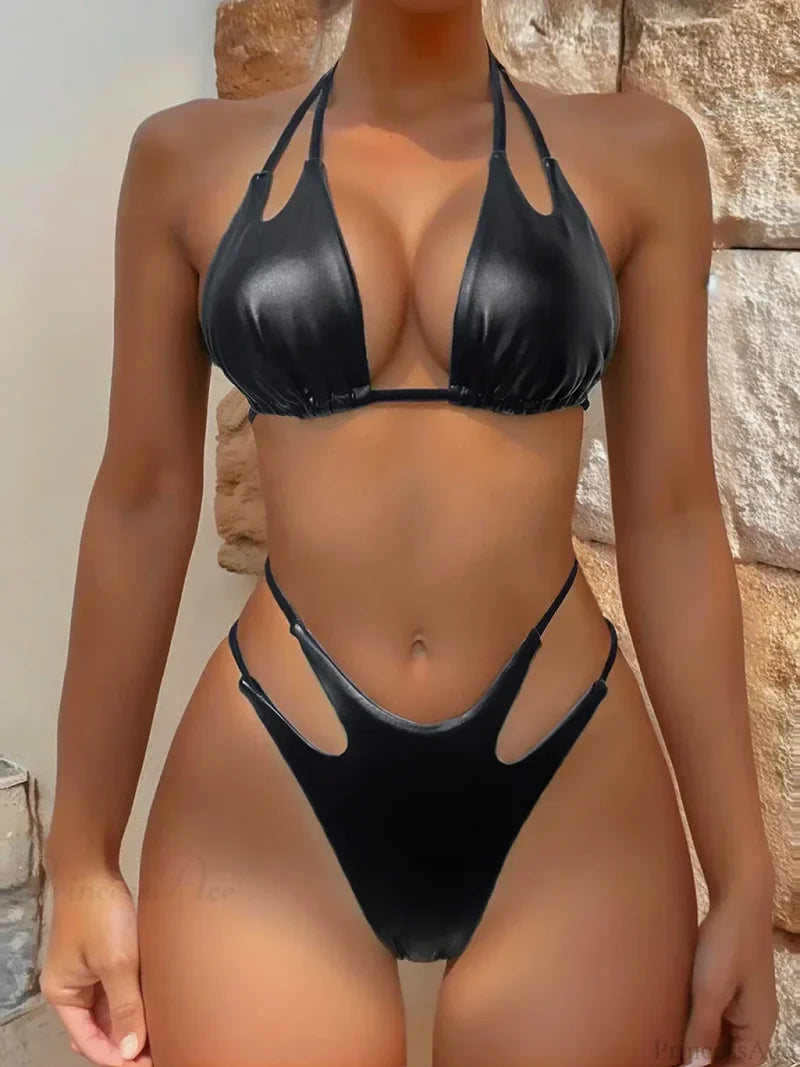 Shiny Halter High Cut Bikini Set Black / S