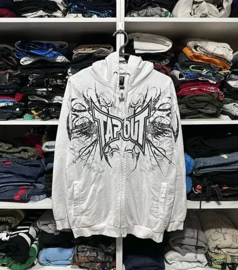 Skull Patchwork Zipper Hoodie white / S