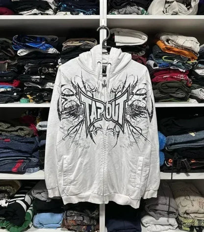 Skull Patchwork Zipper Hoodie white / S