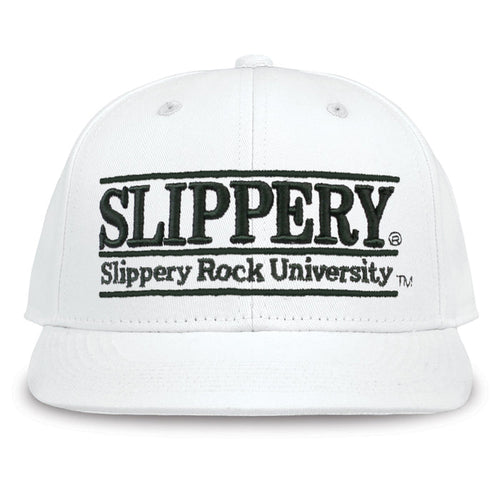 Slippery Rock Retro Bar snapback hat in white, front view
