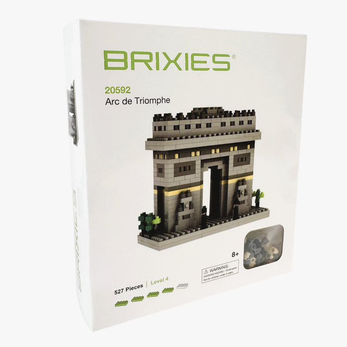 A white BRIXIES Small Gift Box Arc De Triomphe micro-brick kit (set 20592), with 527 pieces, for ages 8+, displays the completed Paris monument on the front.