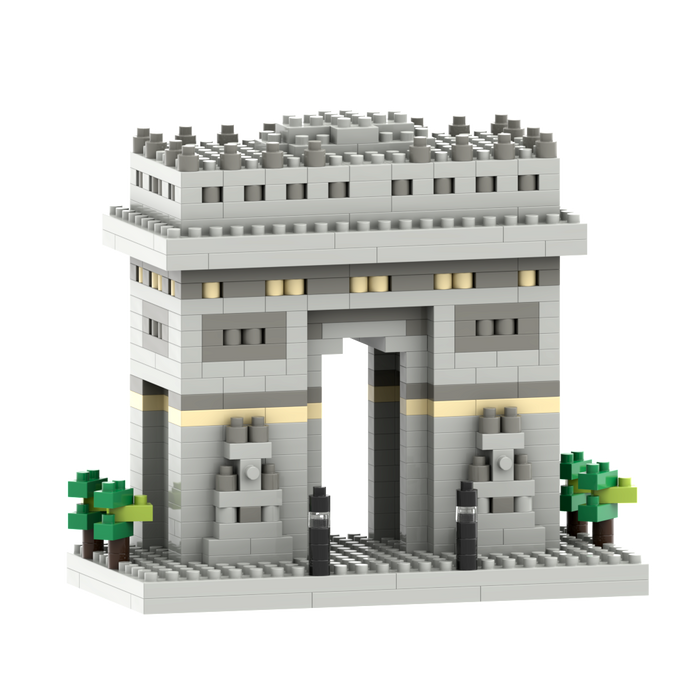 The Brixies Small Gift Box Arc De Triomphe is a micro-brick kit featuring light grey bricks, detailed accents, and two green trees at the base—perfectly capturing the iconic elegance of Paris’s famous monument.