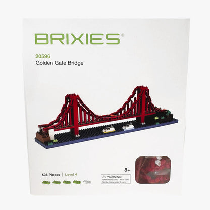 The Brixies Small Gift Box Golden Gate Bridge is a micro-brick kit with 598 pieces for ages 8+. The box front displays the assembled San Francisco model and has a window showing some bricks inside.
