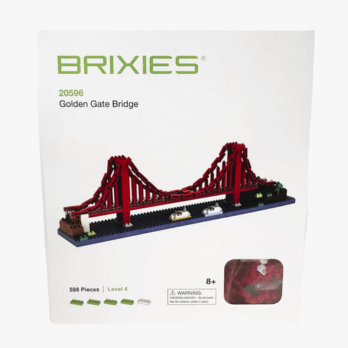 The Brixies Small Gift Box Golden Gate Bridge is a micro-brick kit with 598 pieces for ages 8+. The box front displays the assembled San Francisco model and has a window showing some bricks inside.