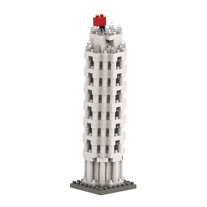 The Brixies Small Gift Box Leaning Tower Of Pisa is a miniature model built from white and gray bricks with a red top, resembling the iconic tower in a LEGO-style micro-brick design.