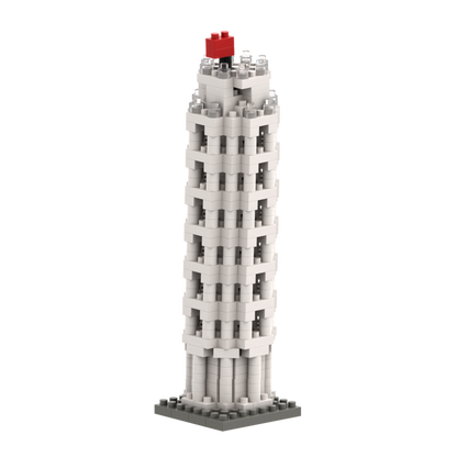 The Brixies Small Gift Box Leaning Tower Of Pisa is a miniature model built from white and gray bricks with a red top, resembling the iconic tower in a LEGO-style micro-brick design.
