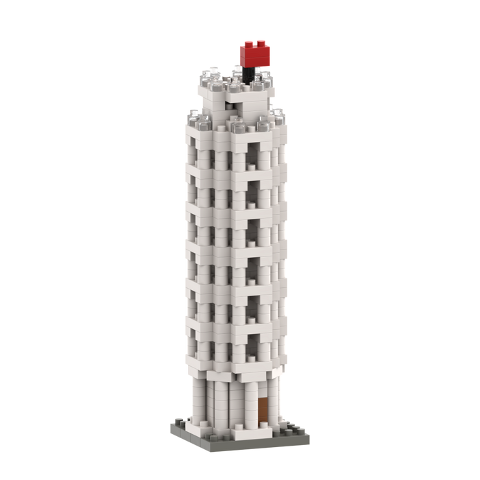The Brixies Small Gift Box Leaning Tower Of Pisa is a micro-brick model featuring white and gray pieces, a flat base, and a small red flag on top, capturing the iconic monument in miniature form.