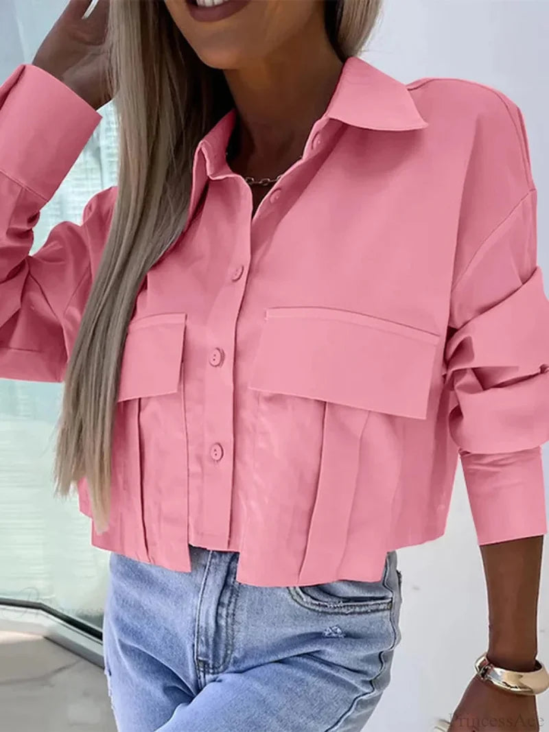 Solid Color Long Sleeve Lapel Office Blouse Pink / S blouse-250126