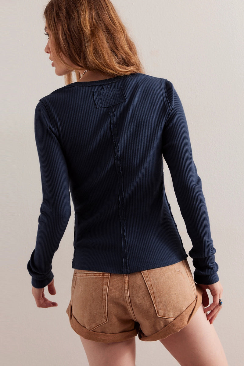 Solid Color Ribbed Buttoned Round Neck Cardigan