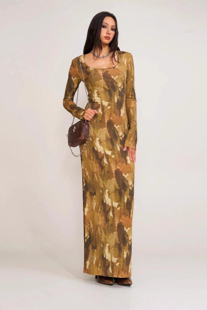 Solid Color Square Neck Bodycon Maxi Dress