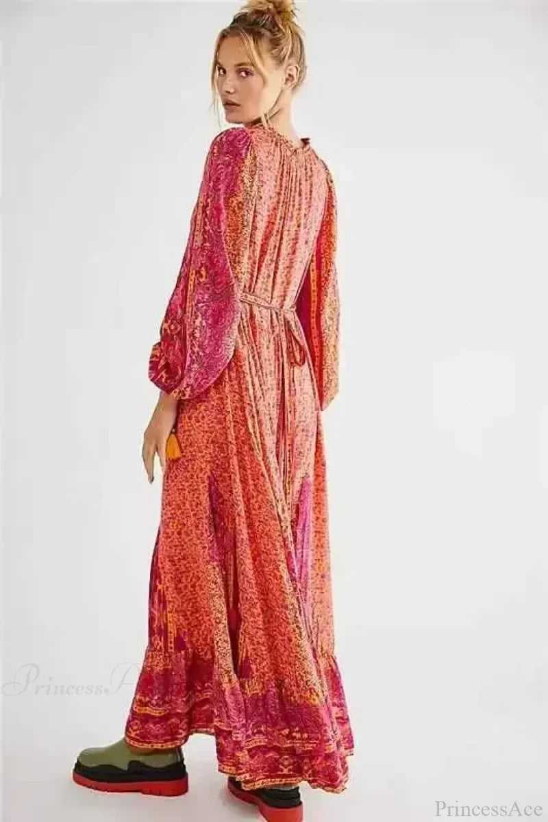 Solid Color V-neck Flare Sleeve Summer Boho Dress bohodress-250126
