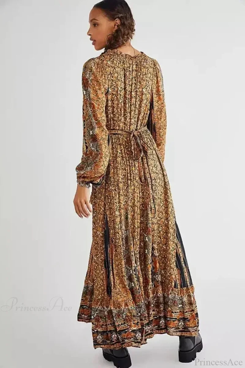Solid Color V-neck Flare Sleeve Summer Boho Dress Brown / S bohodress-250126