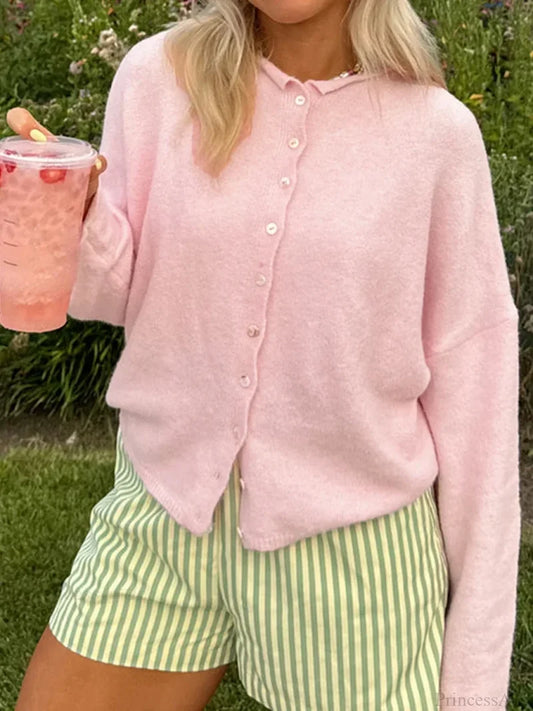 Solid Cozy Button-front Knit Cardigan Pink / S