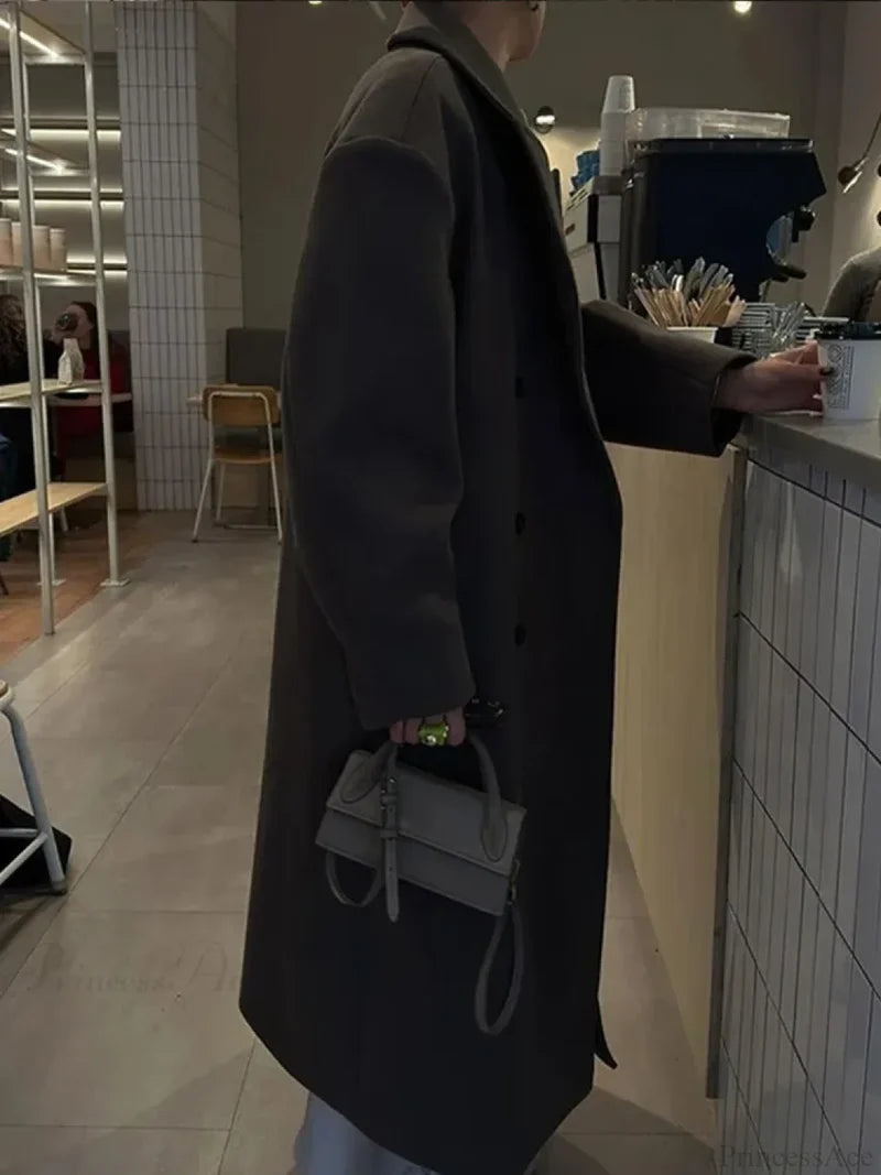 Solid Double-Breasted Turn-Down Overcoat