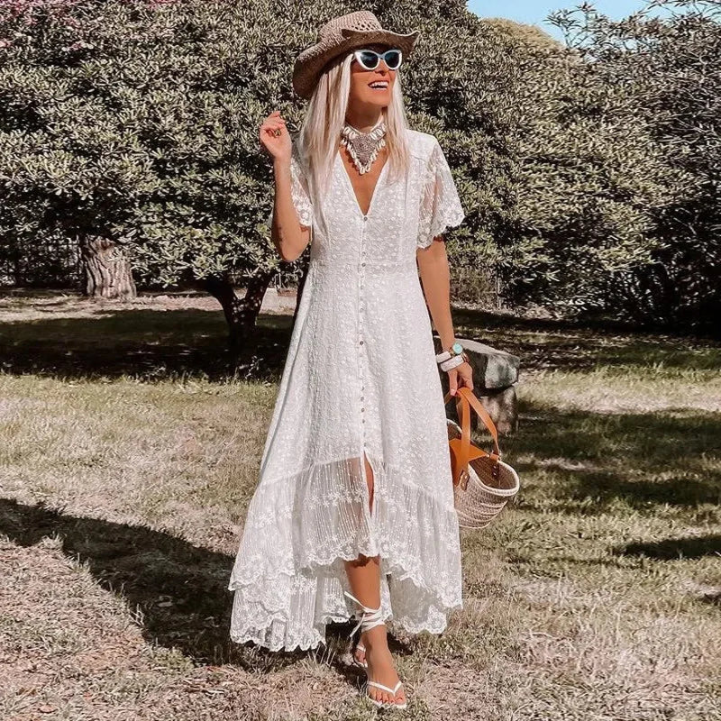 Solid Floral Short Sleeve Boho Dress bohodress-250126