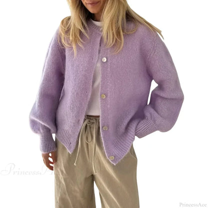 Solid Fuzzy Button Down Knit Cardigan Light Purple / S