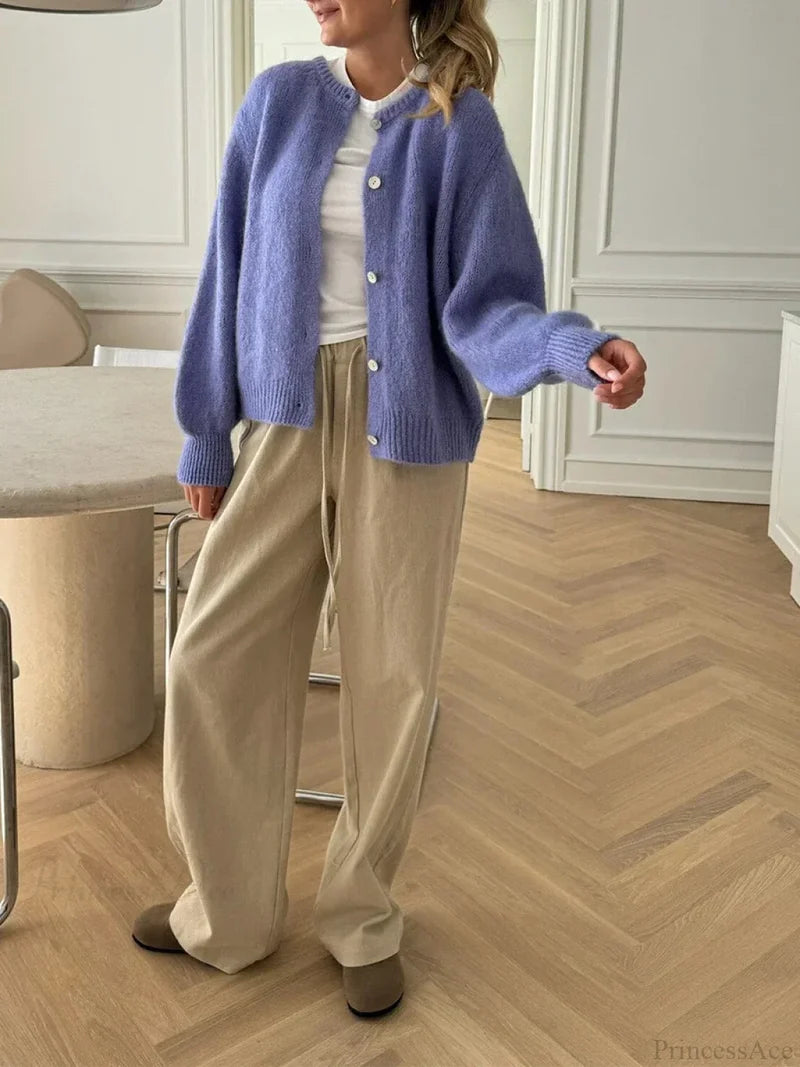 Solid Fuzzy Button Down Knit Cardigan