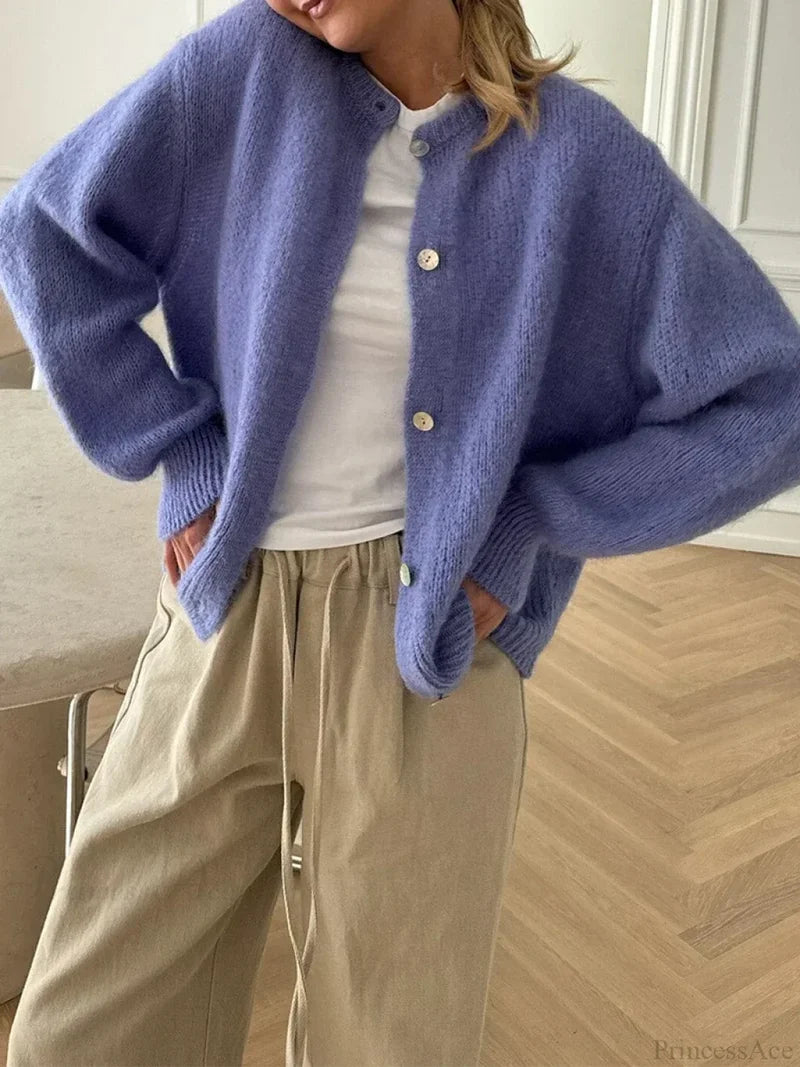 Solid Fuzzy Button Down Knit Cardigan