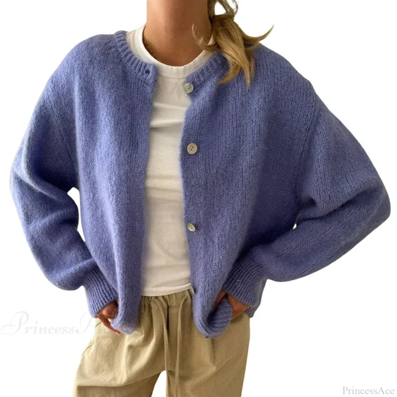 Solid Fuzzy Button Down Knit Cardigan PURPLE / S