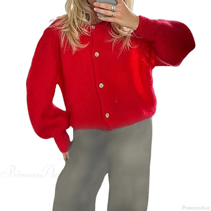 Solid Fuzzy Button Down Knit Cardigan Red / S