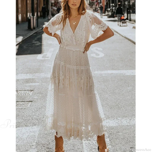 Solid Lace Short Sleeve V-neck Maxi Boho Dress White / S bohodress-250126