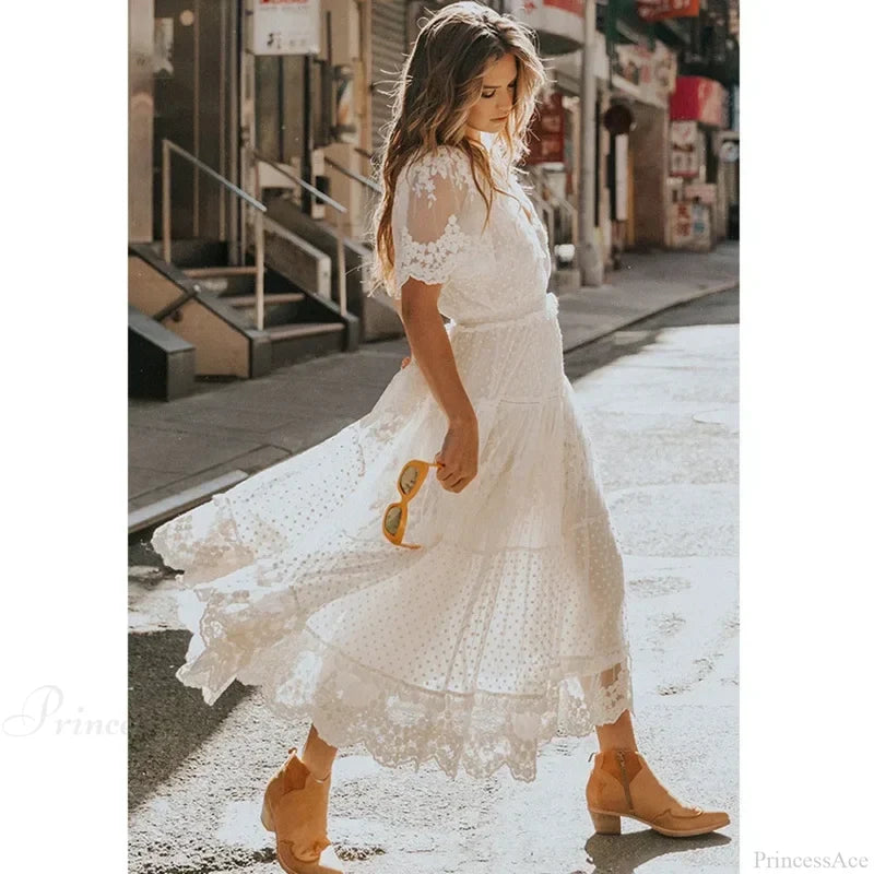 Solid Lace Short Sleeve V-neck Maxi Boho Dress bohodress-250126