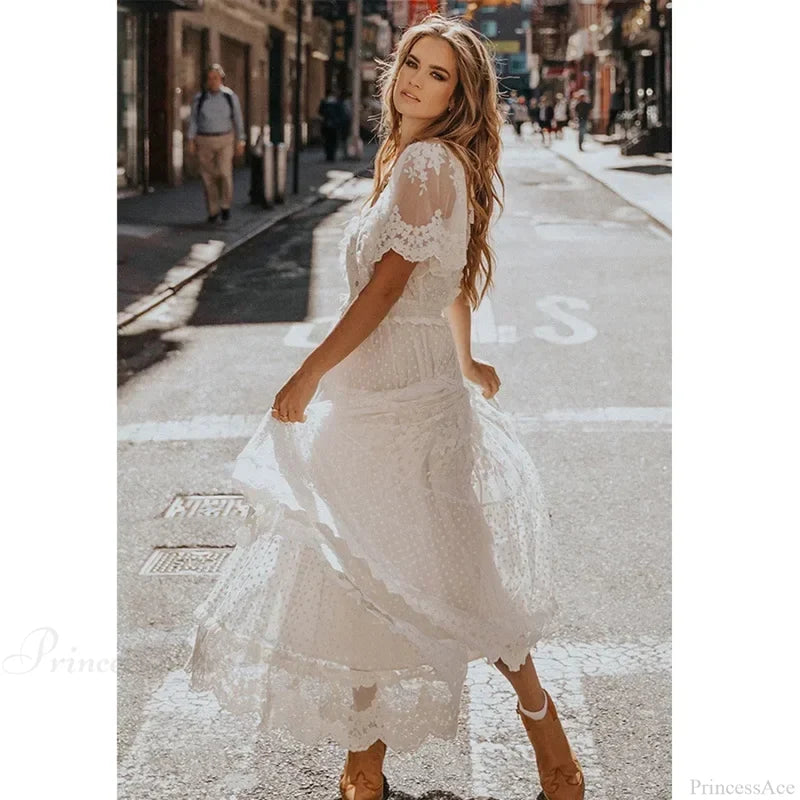 Solid Lace Short Sleeve V-neck Maxi Boho Dress bohodress-250126